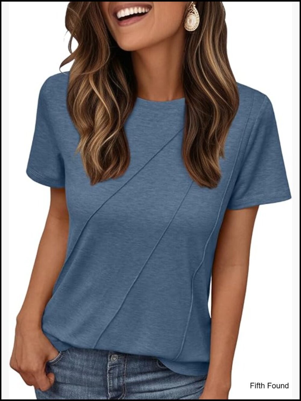Women's Short Sleeve Crewneck T-Shirt with Diagonal Stitching Casual Summer Tee